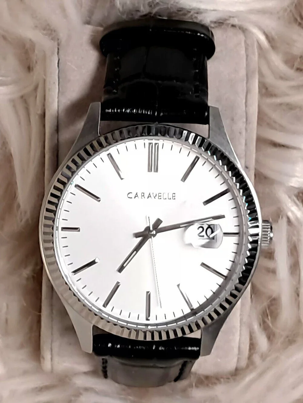 Caravelle By Bulova Silver Dial Watch with Black Leather Strap